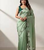 Gorgeous Chinon Saree With Amazing Zari Embroidery Border With And Contrast Blouse Piece