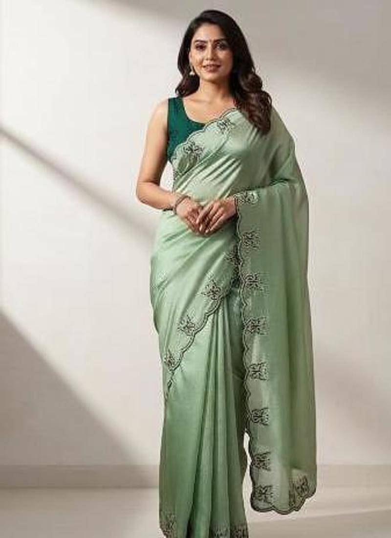 Gorgeous Chinon Saree With Amazing Zari Embroidery Border With And Contrast Blouse Piece