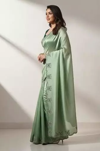 Gorgeous Chinon Saree With Amazing Zari Embroidery Border With And Contrast Blouse Piece
