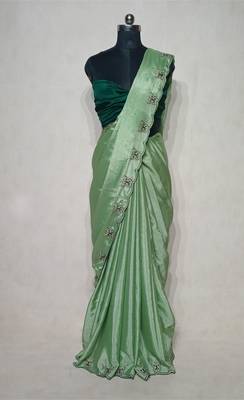 Gorgeous Chinon Saree With Amazing Zari Embroidery Border With And Contrast Blouse Piece 3