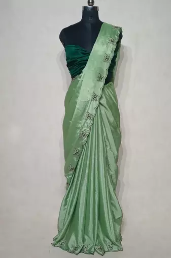 Gorgeous Chinon Saree With Amazing Zari Embroidery Border With And Contrast Blouse Piece