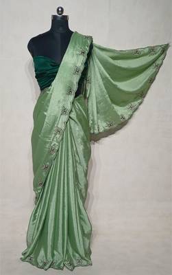 Gorgeous Chinon Saree With Amazing Zari Embroidery Border With And Contrast Blouse Piece 4