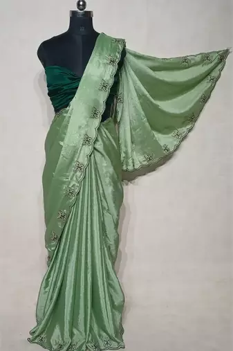 Gorgeous Chinon Saree With Amazing Zari Embroidery Border With And Contrast Blouse Piece