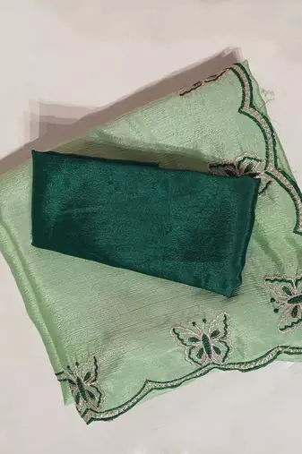 Gorgeous Chinon Saree With Amazing Zari Embroidery Border With And Contrast Blouse Piece