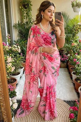 Pink Color digital prints flower and hand moti work Silk Saree