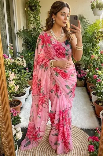 Pink Color digital prints flower and hand moti work Silk Saree