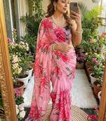 Pink Color digital prints flower and hand moti work Silk Saree