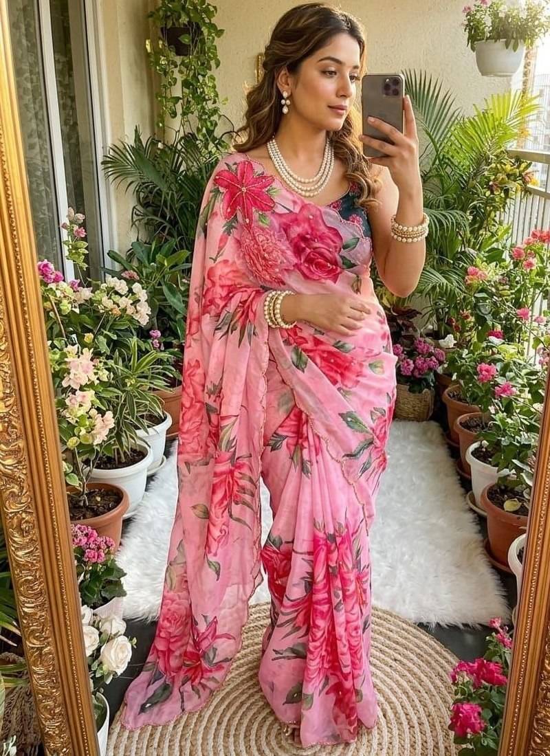 Pink Color digital prints flower and hand moti work Silk Saree