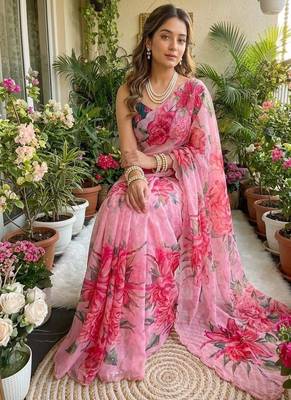 Pink Color digital prints flower and hand moti work art silk saree 2