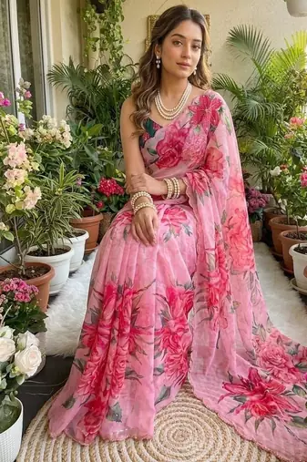 Pink Color digital prints flower and hand moti work art silk saree