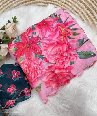 Pink Color digital prints flower and hand moti work art silk saree 3