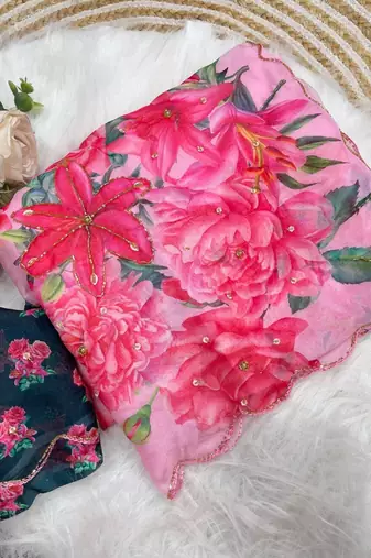 Pink Color digital prints flower and hand moti work art silk saree
