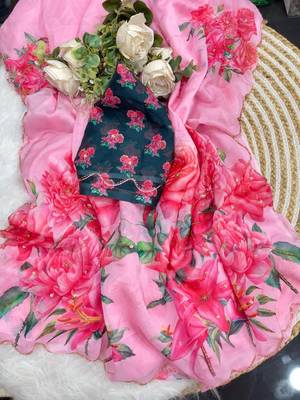 Pink Color digital prints flower and hand moti work art silk saree 4