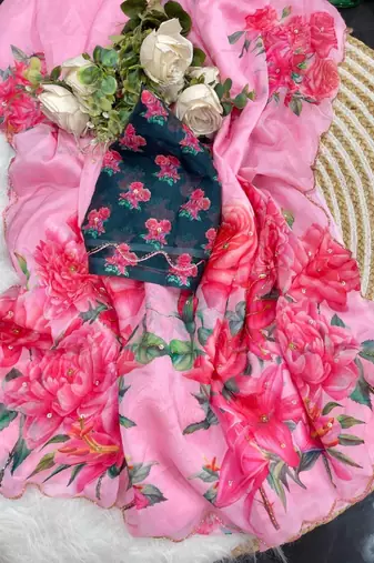 Pink Color digital prints flower and hand moti work art silk saree