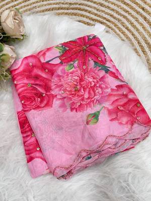 Pink Color digital prints flower and hand moti work art silk saree 5