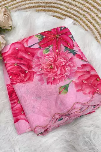 Pink Color digital prints flower and hand moti work art silk saree