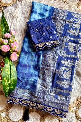 Blue Color zari weaving with embroidery work  viscose Saree