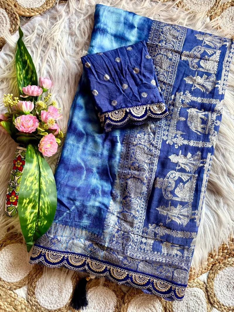 Blue Color zari weaving with embroidery work  viscose Saree