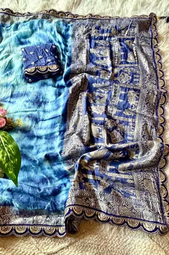 Blue Color zari weaving with embroidery work  viscose Saree