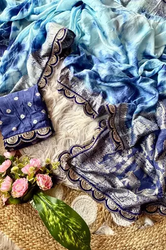 Blue Color zari weaving with embroidery work  viscose Saree
