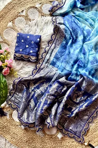 Blue Color zari weaving with embroidery work  viscose Saree