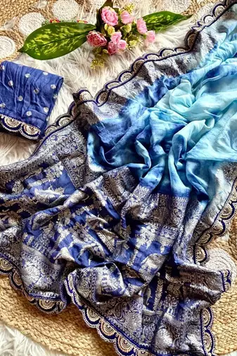 Blue Color zari weaving with embroidery work  viscose Saree