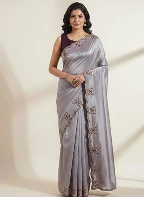 Gorgeous Chinon Saree With Amazing Zari Embroidery Border With And Contrast Blouse Piece 1