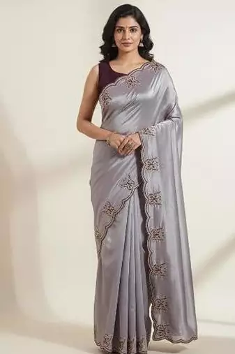 Gorgeous Chinon Saree With Amazing Zari Embroidery Border With And Contrast Blouse Piece
