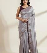 Gorgeous Chinon Saree With Amazing Zari Embroidery Border With And Contrast Blouse Piece