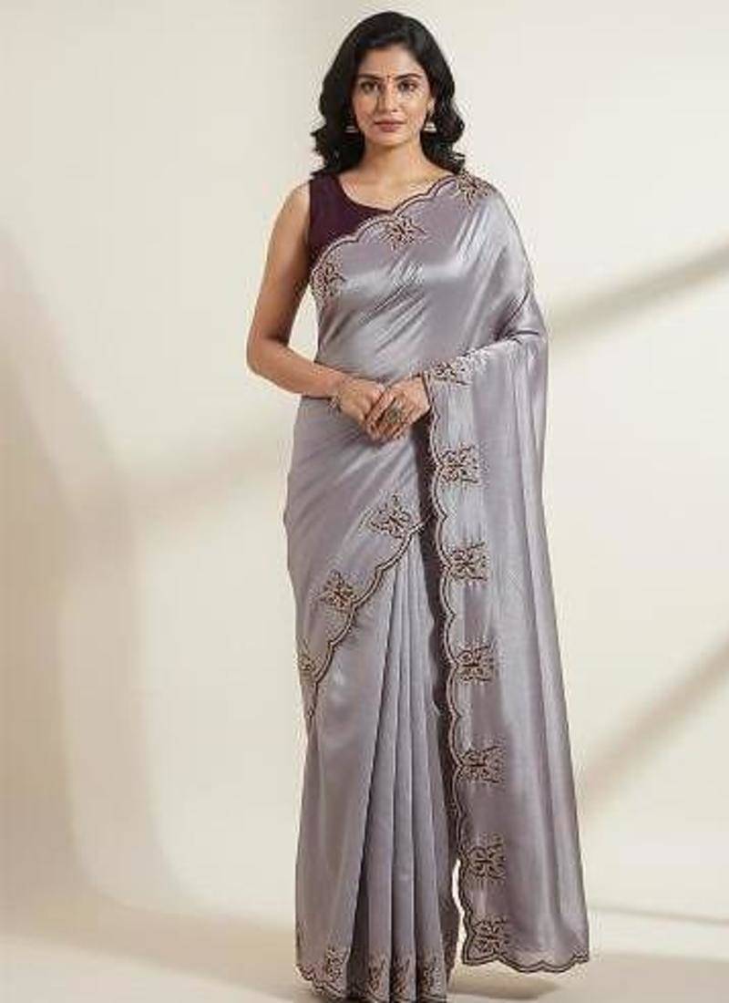 Gorgeous Chinon Saree With Amazing Zari Embroidery Border With And Contrast Blouse Piece
