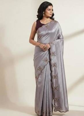 Gorgeous Chinon Saree With Amazing Zari Embroidery Border With And Contrast Blouse Piece 2