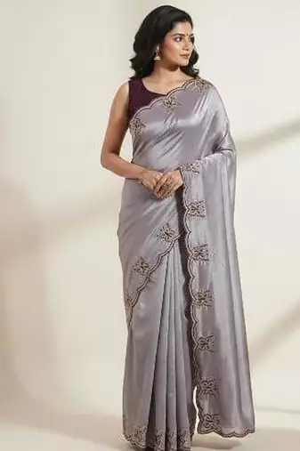 Gorgeous Chinon Saree With Amazing Zari Embroidery Border With And Contrast Blouse Piece