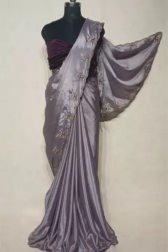 Gorgeous Chinon Saree With Amazing Zari Embroidery Border With And Contrast Blouse Piece