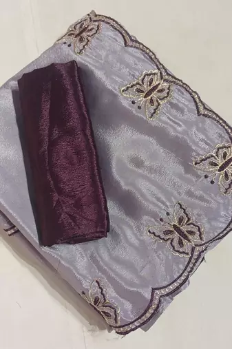 Gorgeous Chinon Saree With Amazing Zari Embroidery Border With And Contrast Blouse Piece