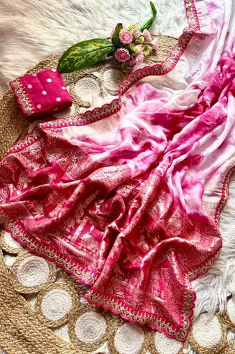 Rani Pink Color zari weaving with embroidery work  viscose Saree