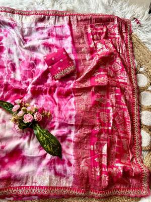 Rani Pink Color zari weaving with embroidery work  viscose Saree 3