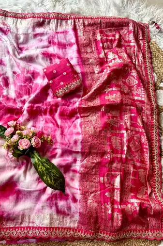 Rani Pink Color zari weaving with embroidery work  viscose Saree