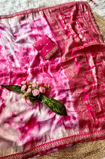 Rani Pink Color zari weaving with embroidery work  viscose Saree