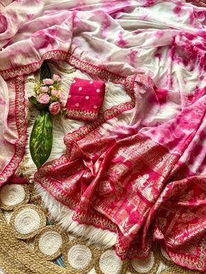 Rani Pink Color zari weaving with embroidery work  viscose Saree 5