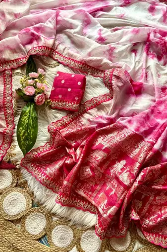 Rani Pink Color zari weaving with embroidery work  viscose Saree