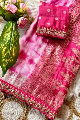 Rani Pink Color zari weaving with embroidery work  viscose Saree