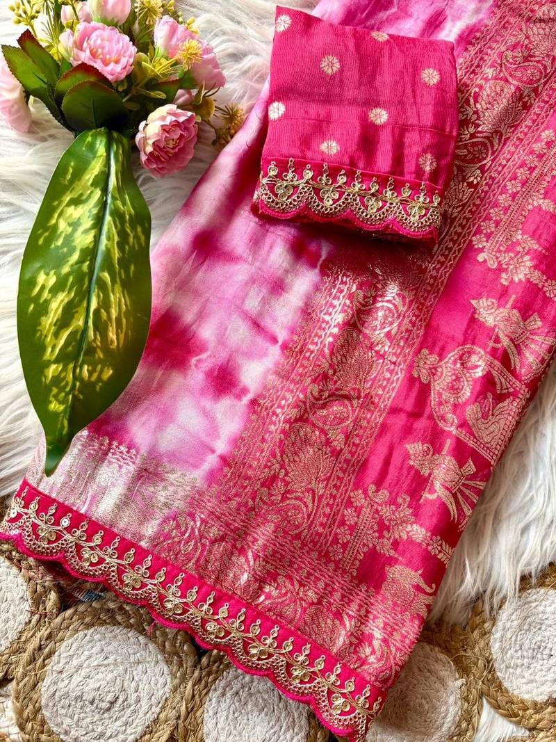 Rani Pink Color zari weaving with embroidery work  viscose Saree