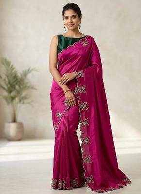 Gorgeous Chinon Saree With Amazing Zari Embroidery Border With And Contrast Blouse Piece 1