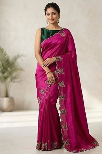 Gorgeous Chinon Saree With Amazing Zari Embroidery Border With And Contrast Blouse Piece