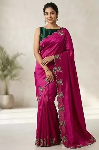 Gorgeous Chinon Saree With Amazing Zari Embroidery Border With And Contrast Blouse Piece