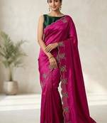 Gorgeous Chinon Saree With Amazing Zari Embroidery Border With And Contrast Blouse Piece