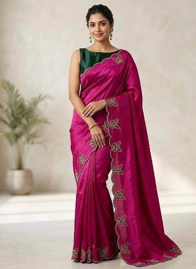 Gorgeous Chinon Saree With Amazing Zari Embroidery Border With And Contrast Blouse Piece