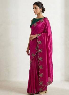 Gorgeous Chinon Saree With Amazing Zari Embroidery Border With And Contrast Blouse Piece 2