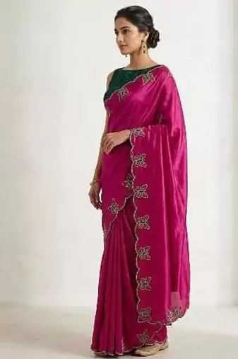 Gorgeous Chinon Saree With Amazing Zari Embroidery Border With And Contrast Blouse Piece