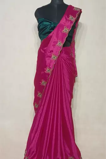 Gorgeous Chinon Saree With Amazing Zari Embroidery Border With And Contrast Blouse Piece